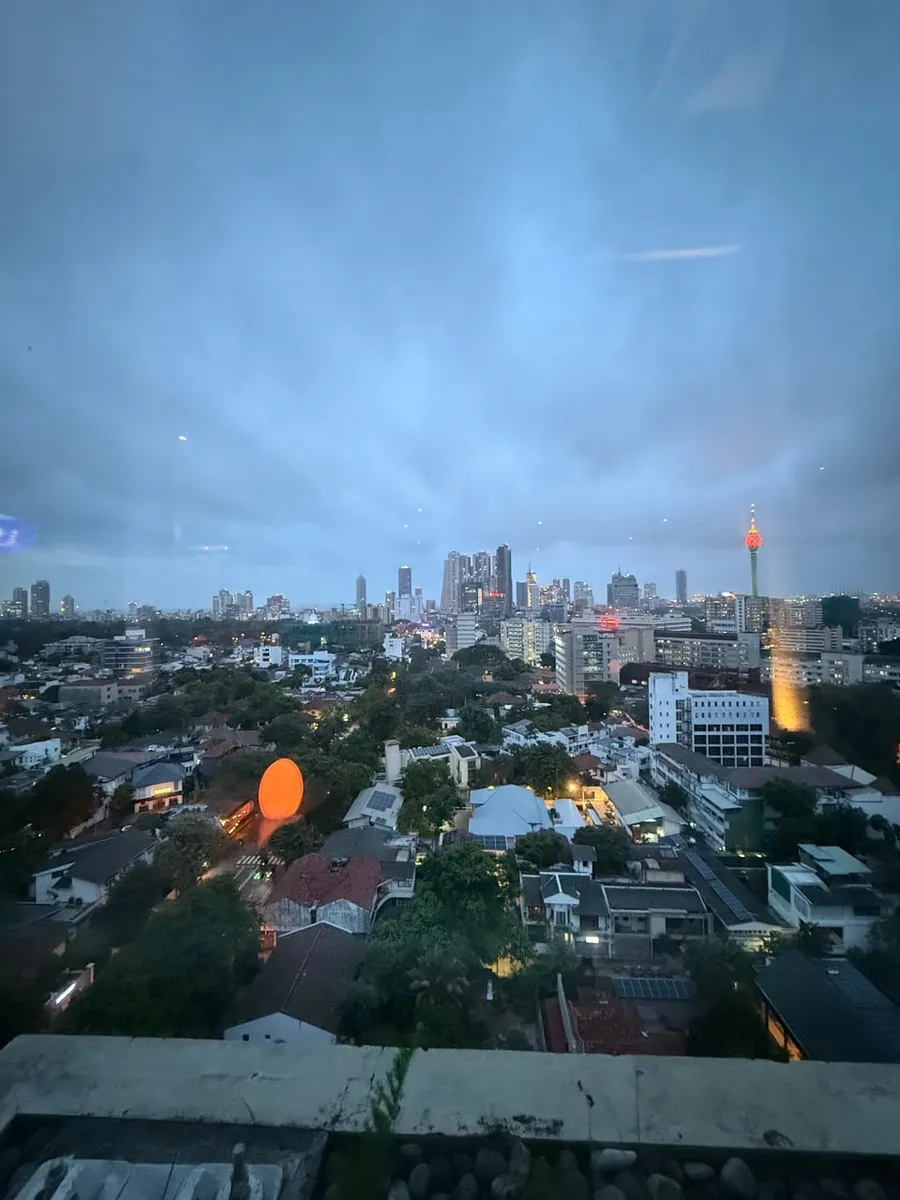 View over the city at dusk from the rooftop celebration